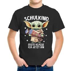 MoonWorks® Kinder Jungen T-Shirt Einschulung Baby Yoda Schulkind Erste Klasse ich jetzt Bin Spruch lustig Schulanfang schwarz 122-128 (7-8 Jahre) von MoonWorks