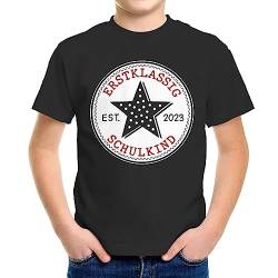 MoonWorks® Kinder Jungen T-Shirt Einschulung Stern Aufschrift Erstklassig Schulkind Jahreszahl Schulanfang schwarz 129-140 (9-10 Jahre) von MoonWorks