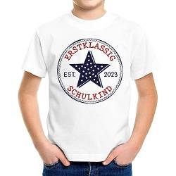 MoonWorks® Kinder Jungen T-Shirt Einschulung Stern Aufschrift Erstklassig Schulkind Jahreszahl Schulanfang weiß 122-128 (7-8 Jahre) von MoonWorks