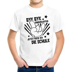 MoonWorks® Kinder T-Shirt Jungen Bye Bye Kindergarten Abschied Geschenk zur Einschulung Schulanfang weiß 122-128 (7-8 Jahre) von MoonWorks