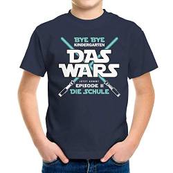 MoonWorks® Kinder T-Shirt Jungen Bye Bye Kindergarten Das Wars jetzt kommt Episode 2 Geschenk zur Einschulung Schulanfang Navy 122-128 (7-8 Jahre) von MoonWorks