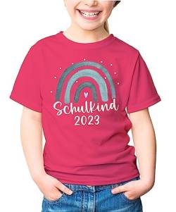 MoonWorks® Kinder T-Shirt Mädchen Einschulung Schulkind 2023 Regenbogen Aufdruck Geschenk Schulanfang pink/blau 122-128 (7-8 Jahre) von MoonWorks