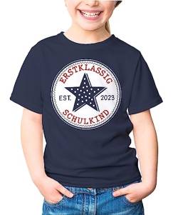 MoonWorks® Kinder T-Shirt Mädchen Einschulung Schulkind Stern Schriftzug Erstklassig Geschenk Schulanfang Navy 122-128 (7-8 Jahre) von MoonWorks