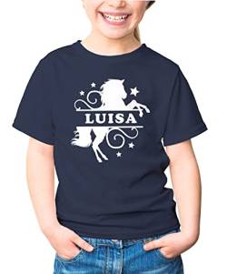MoonWorks® Kinder T-Shirt Mädchen Pferd Motiv eigener Name personalisierbares Geschenk für Mädchen Reiten Navy 110-116 (5-6 Jahre) von MoonWorks