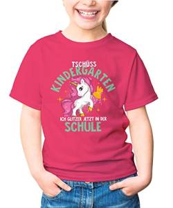 MoonWorks® Kinder T-Shirt Mädchen Schulkind Tschüss Kindergarten ich Glitzer jetzt in der Schule Einhorn Geschenk zur Einschulung pink 122-128 (7-8 Jahre) von MoonWorks