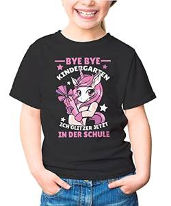 MoonWorks® Kinder T-Shirt Mädchen mit Einhorn Motiv und Spruch Bye Bye Kindergarten, ich Glitzer jetzt in der Schule Geschenk zur Einschulung Schulanfang schwarz 122-128 (7-8 Jahre) von MoonWorks