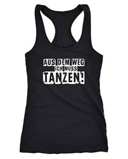 MoonWorks Damen Tanktop Aus dem Weg ich muß tanzen Racerback Tank Top Party Feiern Spruch Shirt Techno schwarz M von MoonWorks