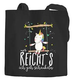 MoonWorks Jutebeutel Einhorn auf Schaukel Mir reichts ich geh schaukeln Einhorn-Tasche Tragetasche Baumwolltasche Stoffbeutel schwarz 2 lange Henkel von MoonWorks