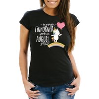 MoonWorks Print-Shirt Damen T-Shirt die schönsten Einhörner werden im August geboren Slim Fit Geschenk Geburtstag Moonworks® mit Print von MoonWorks