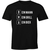 MoonWorks Print-Shirt Herren T-Shirt Ein Mann ein Grill ein Bier Fun-Shirt Spruchshirt Lustig Party Saufen Grillen Barbecue BBQ Fleisch Sommer Moonworks® mit Print von MoonWorks