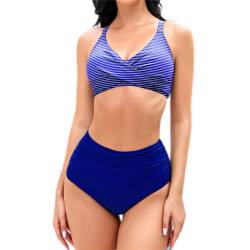 Mooncore Bikini Damen Set High Waist Push Up Bauchweg Crossover Oberteil Bademode Zweiteiliger Badeanzug (Blau/Gestreift, L) von Mooncore