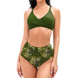 Mooncore Bikini Damen Set High Waist Push Up Bauchweg Crossover Oberteil Bademode Zweiteiliger Badeanzug (Dunkelgrün/Blume, XXL) von Mooncore