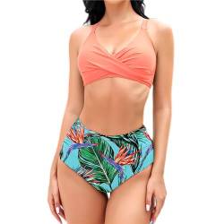 Mooncore Bikini Damen Set High Waist Push Up Bauchweg Crossover Oberteil Bademode Zweiteiliger Badeanzug (Rosa/Blatt, L) von Mooncore