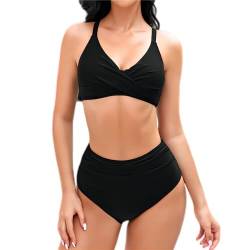 Mooncore Bikini Damen Set High Waist Push Up Bauchweg Crossover Oberteil Bademode Zweiteiliger Badeanzug (Schwarz, S) von Mooncore