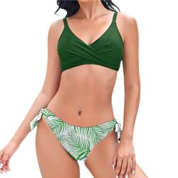 Mooncore Bikini Damen Set Push Up Bikini Bauchweg, Verstellbare Träger, Seite Krawatte, Blumendruck, Zweiteiliger Badeanzug (Dunkelgrün/Blatt, L) von Mooncore