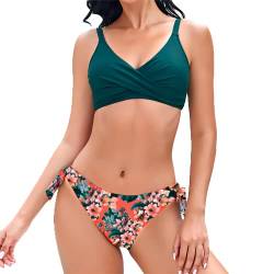 Mooncore Bikini Damen Set Push Up Bikini Bauchweg, Verstellbare Träger, Seite Krawatte, Blumendruck, Zweiteiliger Badeanzug (Moosgrün/Blume, L) von Mooncore