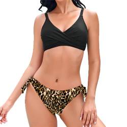 Mooncore Bikini Damen Set Push Up Bikini Bauchweg, Verstellbare Träger, Seite Krawatte, Blumendruck, Zweiteiliger Badeanzug (Schwarz/Leopard, L) von Mooncore