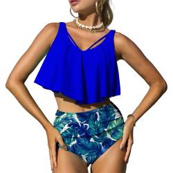 Mooncore Tankini Damen Bauchweg High Waist Bikini Set Zweiteilige Bademode Rüschen Bedruckt Badeanzug (Blau/Blatt, L) von Mooncore