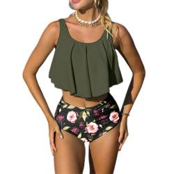 Mooncore Tankini Damen Bauchweg High Waist Bikini Set Zweiteilige Bademode Rüschen Bedruckt Badeanzug (Grün/Blume, M) von Mooncore