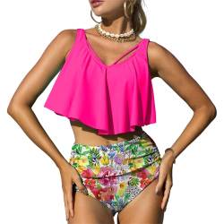 Mooncore Tankini Damen Bauchweg High Waist Bikini Set Zweiteilige Bademode Rüschen Bedruckt Badeanzug (Rosa/Blume, L) von Mooncore