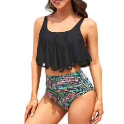 Mooncore Tankini Damen Bauchweg High Waist Bikini Set Zweiteilige Bademode Rüschen Bedruckt Badeanzug (Schwarz/Graffiti, L) von Mooncore