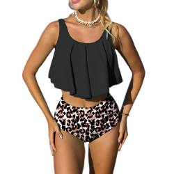 Mooncore Tankini Damen Bauchweg High Waist Bikini Set Zweiteilige Bademode Rüschen Bedruckt Badeanzug (Schwarz/Leopard, S) von Mooncore