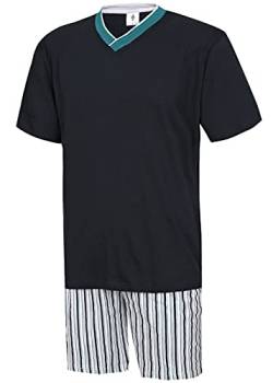 Moonline nightwear Herren Schlafanzug kurz Herren Pyjama kurz Herren Shorty Schlafanzug aus 100% Baumwolle (XL/54-56, Oberteil Rauch blau/Hose gestreift) von Moonline nightwear