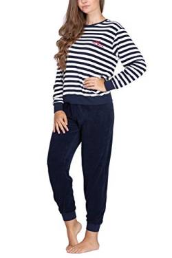 Moonline - Damen Frottee Schlafanzug mit Rundhals-Ausschnitt, Farbe:Offwhite/Navy, Größe:XL von Moonline