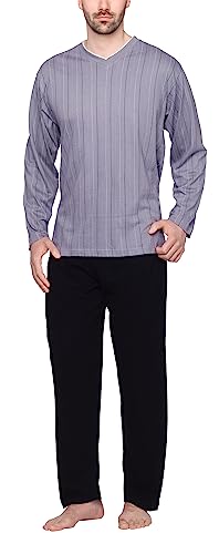Moonline - Herren Schlafanzug lang aus 100% Baumwolle mit V-Ausschnitt und Streifen-Design, Farbe:Streifen-Druck auf grau, Größe:54-56 von Moonline