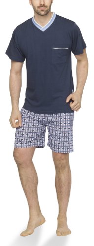 Moonline - Herren Shorty Schlafanzug kurz Pyjama mit Karierter Hose aus 100% Baumwolle, Farbe:Navy/hell blau/Bordeaux, Größe:46-48 von Moonline