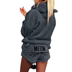 Herbst Winter Pyjamas Damen Mädchen Zweiteiler Ensembles de Pyjama Warm Coral Fleece Samt Nachtwäsche Süße Katze Weich Kapuzenpullover Hoodies und Shorts von Mooyii