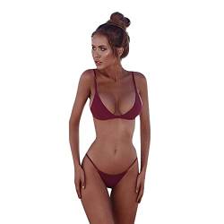 Mophghdj Damen Bikini Set Riemchen - Tiefer V Ausschnitt Neckholder Triangel Oberteil Bikinihose Bikini Damen GroßE BrüSte Abnehmbar Bademode Blumenmuster SchnüR Geteilter Badeanzug, 65-rotwein, M von Mophghdj