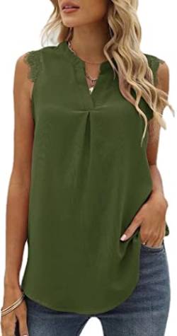 MorFansi Damen Ärmellose Bluse Elegant Spitzen Chiffon Tops Tunika Hemd V-Ausschnitt Sommer Casual Shirts Oberteile (Armeegrün,M) von MorFansi