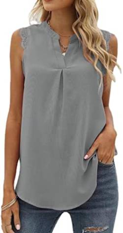 MorFansi Damen Ärmellose Bluse Elegant Spitzen Chiffon Tops Tunika Hemd V-Ausschnitt Sommer Casual Shirts Oberteile (Grau,XL) von MorFansi