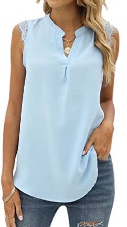 MorFansi Damen Ärmellose Bluse Elegant Spitzen Chiffon Tops Tunika Hemd V-Ausschnitt Sommer Casual Shirts Oberteile (Himmelblau,XL) von MorFansi