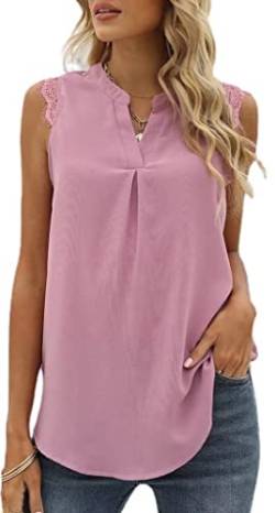 MorFansi Damen Ärmellose Bluse Elegant Spitzen Chiffon Tops Tunika Hemd V-Ausschnitt Sommer Casual Shirts Oberteile (Rosa,L) von MorFansi