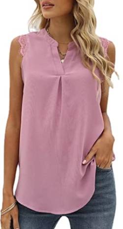 MorFansi Damen Ärmellose Bluse Elegant Spitzen Chiffon Tops Tunika Hemd V-Ausschnitt Sommer Casual Shirts Oberteile (Rosa,XL) von MorFansi