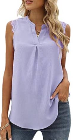 MorFansi Damen Ärmellose Bluse Elegant Spitzen Chiffon Tops Tunika Hemd V-Ausschnitt Sommer Casual Shirts Oberteile (Violett,L) von MorFansi