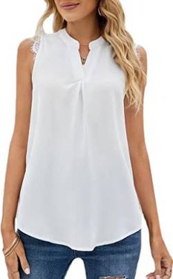 MorFansi Damen Ärmellose Bluse Elegant Spitzen Chiffon Tops Tunika Hemd V-Ausschnitt Sommer Casual Shirts Oberteile (Weiß,L) von MorFansi