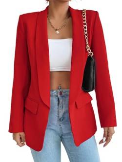 MorFansi Damen Blazer Revers Einfarbig Casual Cardigan Langarm Elegant Business Anzüge Jacke mit Tasche (Rot,L) von MorFansi