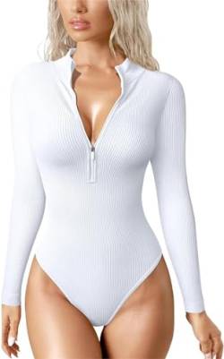 MorFansi Damen Body 1 Teiliger Sexy Gerippt Einteilig Reißverschluss Vorne Langarm Tops Enge Bodysuits (Weiß,L) von MorFansi