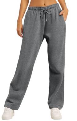 MorFansi Damen Jogginghose Weitem Bein Fleece High Waist Sporthose Lang Freizeithose Trainingshose mit Taschen (Grau,M) von MorFansi