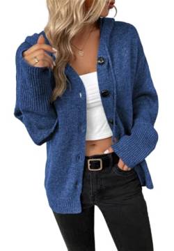 MorFansi Damen Langarm Grobstrickjacke Kordelzug Kurz Strickjacke Herbst Winter Strickmantel mit Kapuze (Blau，M von MorFansi