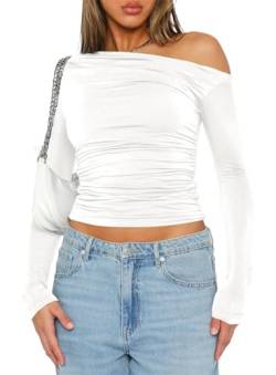 MorFansi Damen Langarmshirt Slim Fit Y2K U Boot Ausschnitt Schulterfrei Sexy Crop Top Gerafftes T-Shirt Streetwear (Weiß,M) von MorFansi