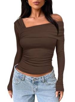 MorFansi Damen Langarmshirt Y2K Schulterfrei Sexy Slim Fit Geraffte Einfarbig Oberteil Shirt Crop Top Streetwear (Dunkelbraun,M) von MorFansi