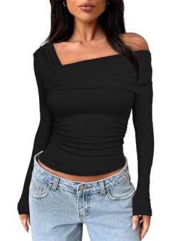 MorFansi Damen Langarmshirt Y2K Schulterfrei Sexy Slim Fit Geraffte Einfarbig Oberteil Shirt Crop Top Streetwear (Schwarz,M) von MorFansi