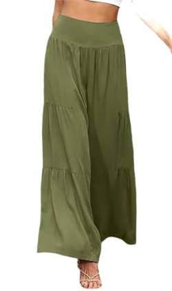 MorFansi Damen Leinenhose Sommer Elegant Hohe Taille Weites Bein Freizeithose Leichte Loose Hosen Stoffhose (Armeegrün,S) von MorFansi
