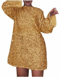 MorFansi Damen Paillettenkleid Kurz Sexy Glitzerkleid Langarm Baggy Glänzende Partykleid Kleider Festival (Gold,2XL) von MorFansi