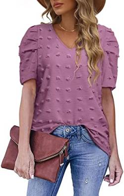 MorFansi Damen Puffärmel Bluse T-Shirt V-Ausschnitt Chiffon Elegant Swiss Dot Kurzarm Oberteile Casual Tunika Tops (Violett,L) von MorFansi