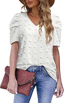 MorFansi Damen Puffärmel Bluse T-Shirt V-Ausschnitt Chiffon Elegant Swiss Dot Kurzarm Oberteile Casual Tunika Tops (Weiß,XL) von MorFansi